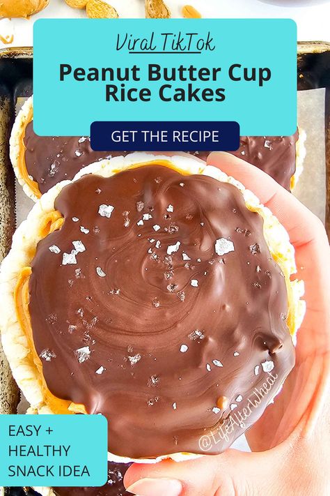 These viral chocolate peanut butter cup rice cakes are super easy to make and the perfect healthy treat! They taste like a crispy Reese's peanut butter cup and you only need 4 ingredient for this healthy snack. My kids beg me to make them for after school snacks and they're perfect to keep in the fridge for a healthy treat. You're going to love this super easy snack recipe! What To Do With Rice Cakes, Chocolate Peanut Butter Rice Cake, Peanut Butter Chocolate Rice Cakes, Snacks With Rice Cakes, Rice Cake Toppings Healthy, Protein Rice Cakes, Healthy Rice Cakes, Healthy Rice Cake Snacks, Rice Cake Ideas