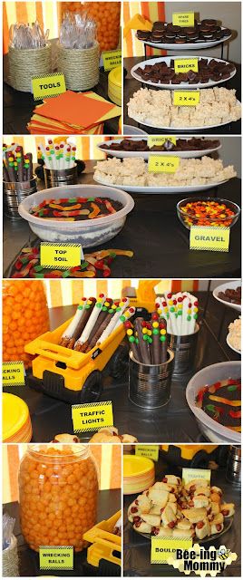 Construction birthday party food ideas and food labels, party snack ideas Construction Birthday Party Food Ideas, Construction Birthday Food, Construction Party Food, Party Snack Ideas, Construction Birthday Party Food, Birthday Party Food Ideas, Dump Truck Birthday Party, Construction Theme Birthday Party, 2nd Birthday Party For Boys