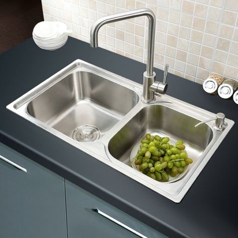 Shop for Modern Simple 304 Stainless Steel Sink Double Bowl Kitchen Washing Sink with Drain Basket and Liquid Soap Dispenser AOM7241 at Homelava.com with the lowest price and top service! Cast Iron Kitchen Sinks, Bathroom Sink Design, Composite Kitchen Sinks, Top Mount Kitchen Sink, Kitchen Sink Stainless Steel, Hidden Kitchen, Liquid Soap Dispenser, Stainless Steel Sink, Best Kitchen Designs