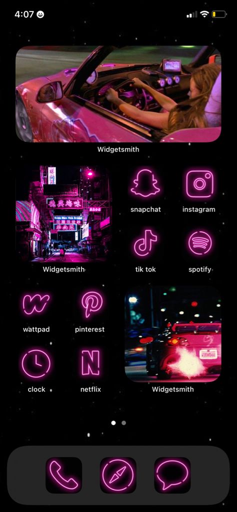 Neon Home Screen Wallpaper, Car Ios14 Homescreen, Neon Pink Homescreen, Neon Homescreen Ideas, Neon Pink Icons For Apps, Pink Ios 16, Neon Homescreen, Baddie Homescreen, Neon Widgets