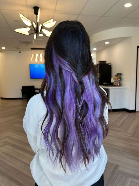 Hair Change Ideas For Brunettes, Dark Brown With Peekaboo Color, Hairdye Ideas Brown Hair, Hair Color Ideas For Brunettes Under Dye, Dark Hair With Vivid Peekaboo, Half Purple Half Black Hair Under, Brown Hair With Peak A Boo Color, Lilac Purple Hair Underneath, Purple Highlights For Dark Brown Hair