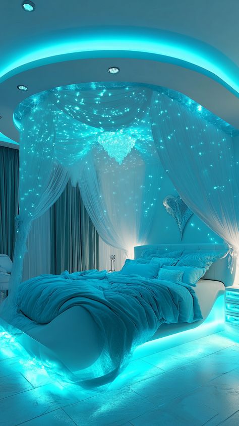 Dive into tranquility with a Pisces-inspired bedroom 🌊 featuring a flowing canopy bed that mimics ocean waves 🌬️. Embrace the serene aqua color scheme 🦋 and let dreamy lighting transport you to underwater worlds 🐠. Perfect for those who cherish a calming, ethereal vibe. 🌟✨ Blue Room Themes, Teen Girl Bedroom Ideas Aesthetic, Ocean Inspired Bedroom, Aqua Bedroom, Underwater Bedroom, Aqua Bedrooms, Dreamy Lighting, Girls Blue Bedroom, Cloud Bedroom