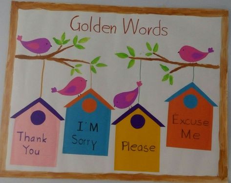 Golden words Nursery Class Decoration, Kindergarten Art Crafts, File Decoration Ideas, Golden Words, School Board Decoration, School Door Decorations, Homeschool Preschool Activities, Preschool Classroom Decor, Kindergarten Learning Activities