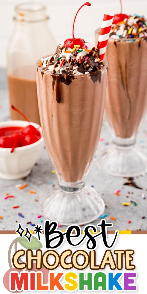 This Chocolate Milkshake is super thick and packed with rich chocolatey flavor made with only two ingredients that's ready for sipping in just 5 minutes! via @sugarandsoulco Milkshake Toppings, Best Chocolate Milkshake Recipe, Smores Milkshake, Diy Milkshake, Gourmet Milkshakes, Kids Milkshake, Homemade Milkshake Recipe, Easy Milkshake, Chocolate Milkshake Recipe