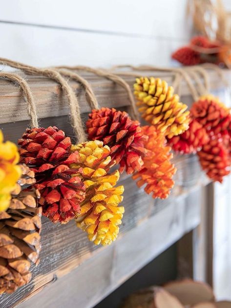 Simple Diy Fall Crafts For Kids, Simple Diy Fall Crafts, Autumn Pinecone Crafts, Fall Pinecone Crafts Autumn, Painting Pine Cones Diy, Autumn Home Decor Ideas Diy, Craft With Pinecones, Pinecone Fall Decor, Fall Diy Garland Decor