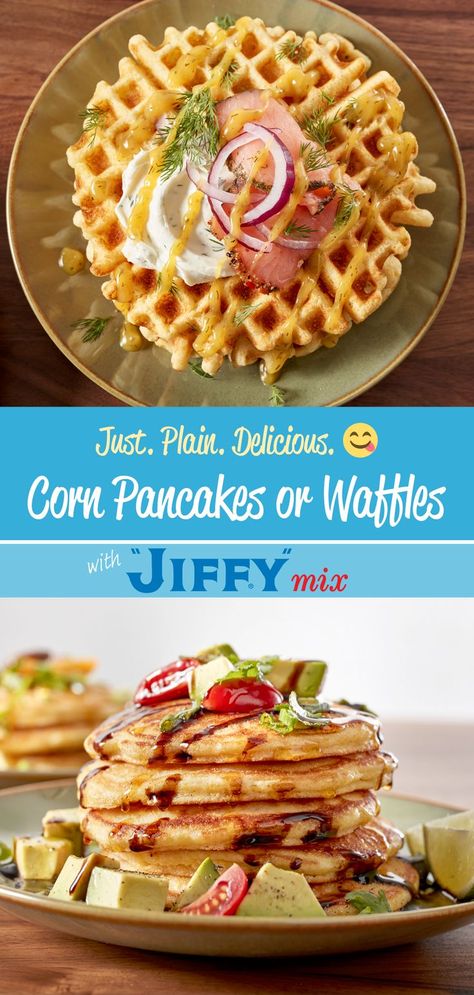 Just. Plain. Delicious. 😋

Pictured: Corn Pancakes or Waffles made with "JIFFY" Corn Muffin Mix. Corn Muffin Waffles, Corn Muffin Mix Recipes, Waffle Mix Recipe, Waffle Mix Recipes, Pancake Mix Muffins, Muffin Mix Recipe, Jiffy Recipes, Pancake And Waffle, Corn Pancakes