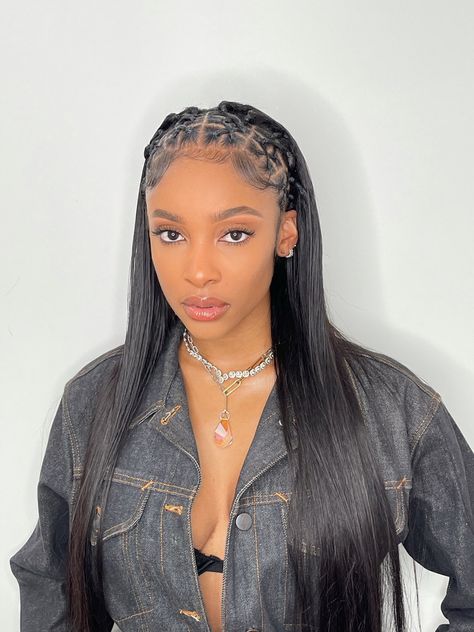 Half Sew In Half Cornrows, Slick Back With Extensions, Criss Cross Hairstyle Rubber Bands Straight Hair, Braids With Clips Black Women, Braids With Hair Clips Black Women, Saweetie Hair Styles Half Up Half Down, Half Sew In Half Braids, Elastic Hairstyles, Half Braids Half Sew In Weave