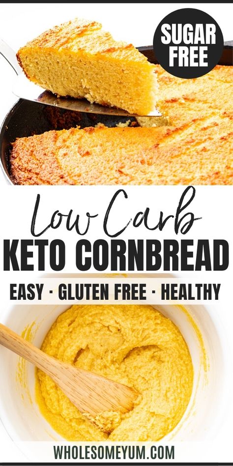 Low Carb Keto Cornbread Recipe - Easy keto cornbread is the side your chili and soups need! My low carb almond flour cornbread recipe is made with a secret ingredient that makes it taste like the real thing. #wholesomeyum #keto #ketobread #cornbread #ketorecipes #lowcarb #lowcarbbread #lowcarbrecipes #almondflour Almond Flour Cornbread, Keto Cornbread Recipe, Keto Cornbread, Easy Cornbread Recipe, Cornbread Easy, Postre Keto, Boiled Egg Diet Plan, Cornbread Recipe, Low Carb Low Sugar