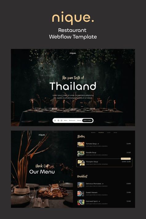 Nique is an elegant Restaurant Webflow Template perfectly suited for classy restaurants with individual cooking classes. It comes with an elegant dark design, advanced interactions, CMS and Ecommerce integration. website inspiration, website ideas, website design inspiration, website design ideas, restaurant website, dark website, elegant website. Menu Website Design, Salad Branding, Restaurant Website Design Inspiration, Fancy Salad, Dark Website, Dark Restaurant, Elegant Website Design, Bar Website, Website Design Ideas