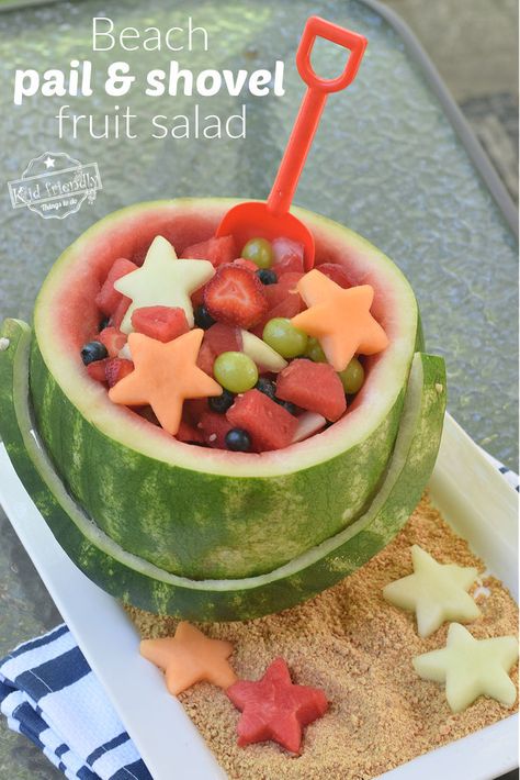 This easy to make shovel and pail watermelon fruit bowl is the perfect treat for summer, or an ocean themed birthday party. www.kidfriendlythingstodo.com Watermelon Fruit Bowl, Ocean Themed Birthday Party, Watermelon Fruit Bowls, Shaped Watermelon, Summer With Kids, Watermelon Fruit Salad, Ocean Food, Watermelon Bowl, Ocean Theme Birthday