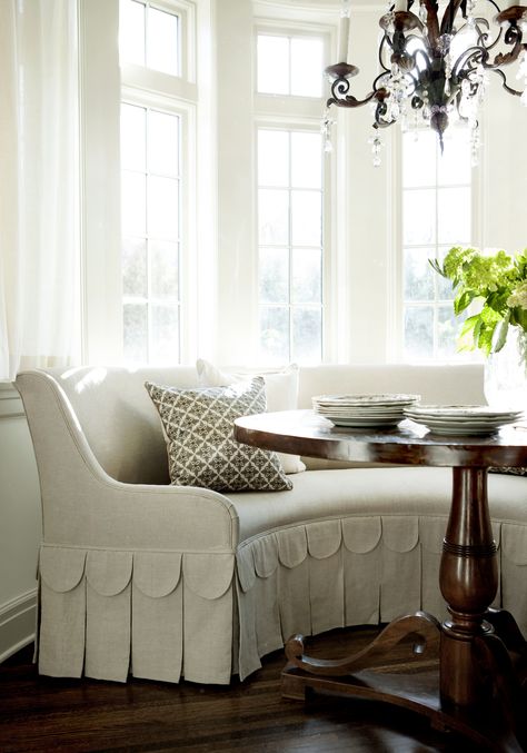 Kitchen Banquette Ideas, Bay Window Breakfast Nook, Breakfast Nook Curtains, Curved Banquette Seating, Curved Banquette, Banquette Ideas, Scallop Skirt, Banquette Design, Kitchen Table Bench