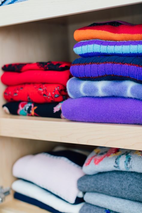 Sweater Folding — Next Level: Professional Organizing Fold Bulky Sweaters To Save Space, Folding Sweaters For Shelves, Sweater Folds, Sweater Storage Ideas, Fold Sweaters, How To Fold Sweaters, Sweater Organization, Dark Sweater, Shallow Shelves