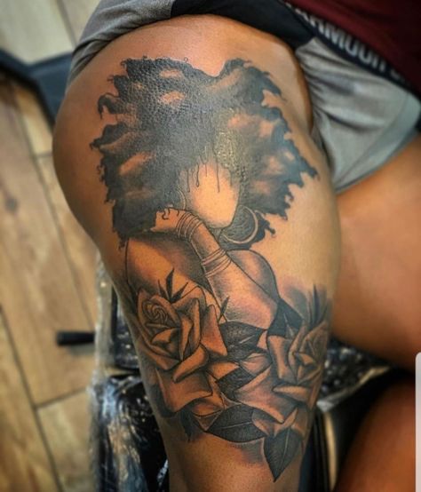 Coverup Tattoo Ideas Lower Back, Leg Tattoos Women Spiritual, Black Women Thigh Tattoo, Hip Thigh Tattoos Black Women, Black Women Tattoos Sleeve, Melanin Tattoo For Women, Cute Thigh Tattoos Black Women, Thigh Tattoo Black Women, Black Woman Tattoo Ideas