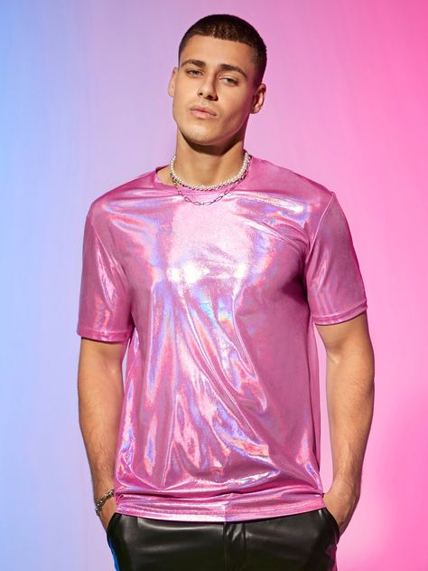 Pink Street Collar Short Sleeve Knitted Fabric Plain  Embellished Slight Stretch  Men Clothing Metallic Mens Outfit, Pink Mesh Top Outfit, Men’s Barbiecore, Men’s Glitter Outfit, Holographic Mens Fashion, Iridescent Tshirt, Pink Mesh Top, Mesh Top Outfit, Concert Outfit Men