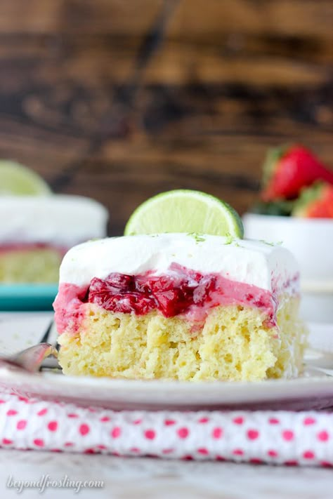 This Strawberry Margarita Cake is a lime infused, tequila-spiked cake with a layer of strawberry mousse and it’s topped with whipped cream and more lime zest. Strawberry Margarita Cake, Strawberry Cake Ideas, Margarita Cake, Beyond Frosting, Infused Tequila, Lucky Leaf, Strawberry Mousse, Strawberry Margarita, Poke Cakes