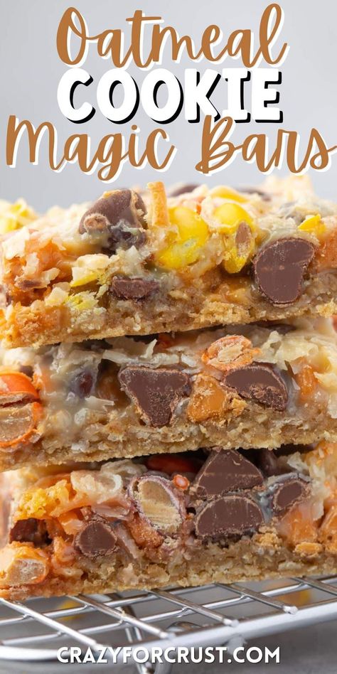 Oatmeal Cookie Magic Bars are a 7 layer bar with an oatmeal cookie crust! Use any toppings you like to make this amazing cookie bar recipe. Do Nothing Bars, Holiday Cookies And Bars, 9 Layer Cookie Bar Recipe, 7layer Bars, Bar Cookies 9x13, Easy Bars Recipes, Bar Cookie Recipes, Bars With Oatmeal, Bars And Cookies