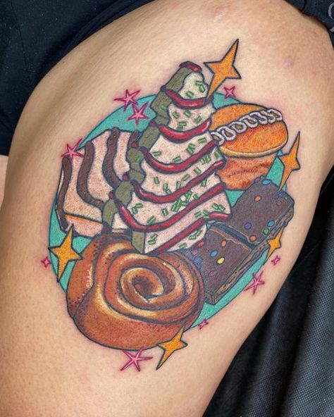 Cosmic Brownie Tattoo, Christmas Tree Cake Tattoo, Gingerbread Tattoo, Dessert Tattoo, Holiday Tattoos, Cake Tattoo, Illustrative Tattoo, Candy Tattoo, Cupcake Tattoos