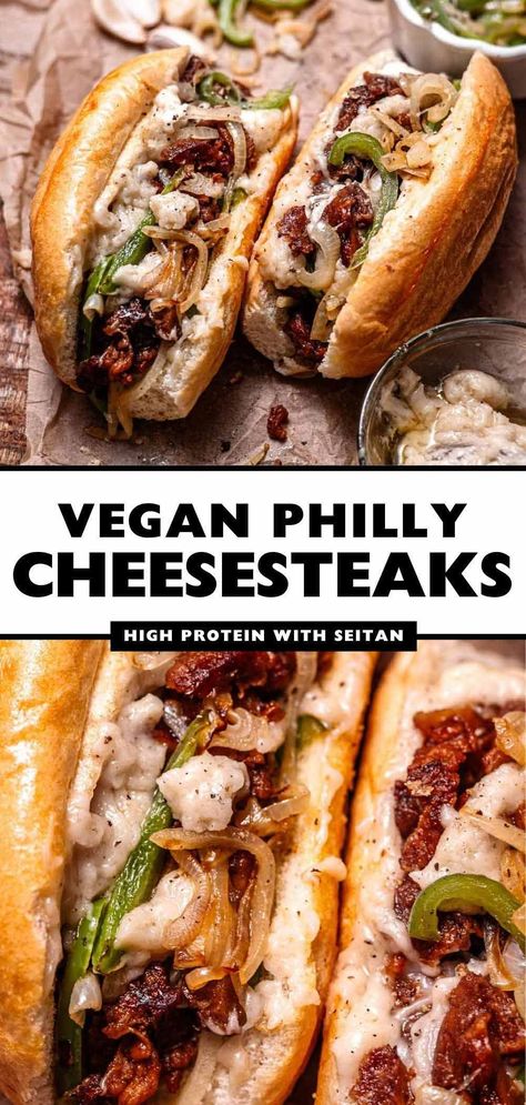 These are the absolute best vegetarian and vegan Philly cheesesteaks! These plant-based cheesesteaks are made with chewy, savory seitan beef, a dairy-free provolone cheese sauce, and lots of sautéed peppers and onions. The toasted crunchy yet fluffy hoagie is coated in a delicious garlic butter (vegan of course!). These veggie sandwiches are super simple to make, perfect for lunch or dinner. Quick Vegan Recipes Dinner, Dinner Ideas For Vegans, Yeast Free Dinner Recipes, No Dairy No Meat Recipes, Dairy Free Philly Cheese Steak, Family Dinner Recipes Vegetarian, Philly Cheese Steak Vegetarian, Vegetarian Sandwiches For Dinner, Health Vegan Meal