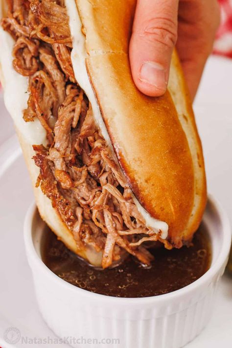 Shredded Beef Sandwiches (A Slow Cooker Recipe) Shredded Beef Sandwiches, Jus Recipe, Au Jus Recipe, French Dip Crock Pot, Slow Cooker Shredded Beef, Shredded Beef Recipes, Bountiful Kitchen, Pulled Beef, Beef Sandwiches