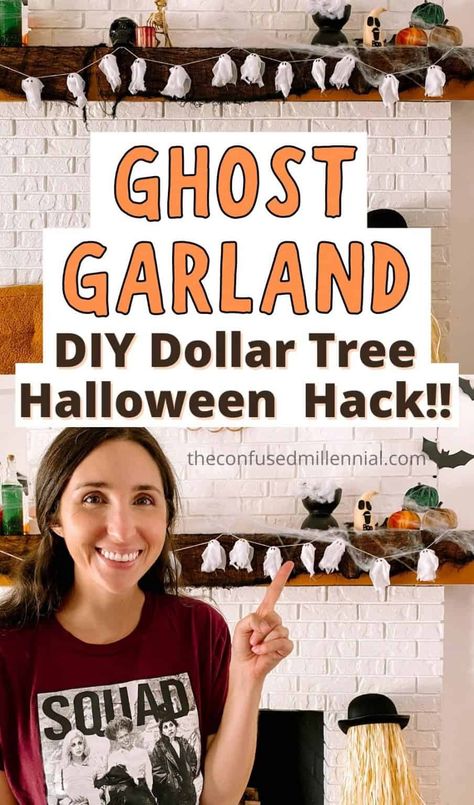 DIY Halloween Ghost Garland [Only $3 Dollar Tree Hack!!] - The Confused Millennial Garland Hack, Halloween Ghost Garland, Halloween Ornament Wreath, Diy Halloween Ghosts, Dollar Tree Halloween Decor, Ghost Garland, 365 Jar, Diy Ghost, Dollar Tree Halloween