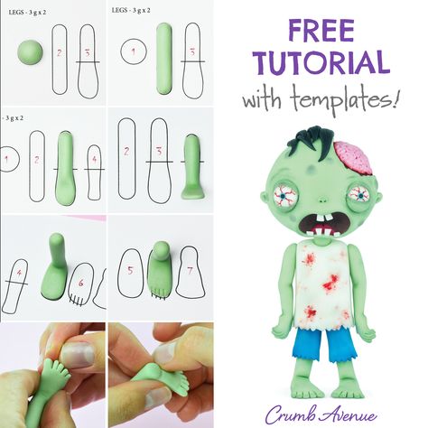 cute, halloween, zombie, dead, spooky, scary, trick or treat, cake topper, fondant, gum paste, pasta de goma, figure, figurine, how to make, step by step, free tutorial, pdf, downloadable, templates, pictorial, idea, clay, inspiration, Crumb Avenue Zombie Cake Topper, Zombie Cake, Cute Zombie, Cake Topper Tutorial, Fondant Cake Toppers, Childrens Birthday Cakes, Fondant Toppers, Fondant Figures, Halloween Monster