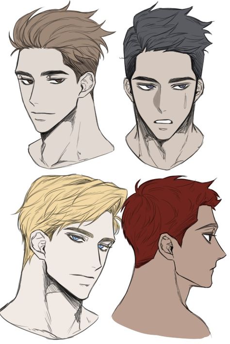 Anime Man Face Reference, Short Hair Male Reference, Male Haircut Reference, Masculine Hair Drawing Reference, Male Jawline Drawing Reference, Anime Men Hairstyles Reference, Male Short Hairstyles Drawing, Sleep On Table Pose Drawing, Facial Anatomy Drawing Face Reference