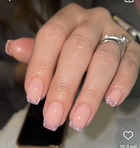 Glitter French Nails, Pink French Nails, Glitter Tip Nails, Overlay Nails, Pink Glitter Nails, Squoval Nails, Simple Gel Nails, French Tip Acrylic Nails, Cute Gel Nails