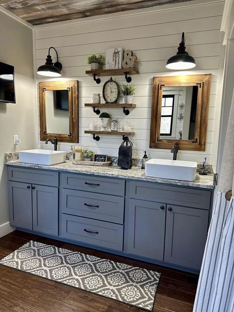 Farmhouse Double Vanity, Mobile Home Renovations, Sink Shelf, Double Vanity Bathroom, House Decorating, Bathroom Inspo, Diy Interior, Farmhouse Homes, Exterior Decor