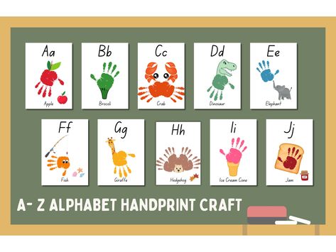 A-Z ABC Alphabet Handprint Craft Art Phonic Book / Baby Toddler Child / Letters Teacher Classroom Nursery Activity Card by DesignbyLizzieStudio on Etsy Z Is For Craft Handprint, Alphabet Handprint Art Letters, Alphabet With Handprints, Abcs Handprints, Abc Handprint Art Alphabet Book, Halloween Handprint Crafts, Phonics Books, Alphabet Recognition, Keepsake Crafts