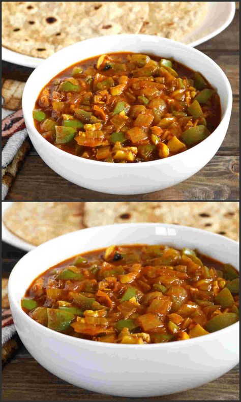 Onion Capsicum Masala is a vegan, spicy and a delicious recipe prepared in less than 20 minutes and can be served as side dish with steamed rice or breads. #spicy #vegetarian #vegan #Lunch #dinner #side #appetizer #Indian #delicious #recipe #yummy #glutenfree Indian Subji, Capsicum Curry Recipe, Desi Khana, Vegan Indian Recipes, Alkaline Diet Recipes, Vegetable Recipe, Dinner Side, Veg Dishes, Prophetic Art