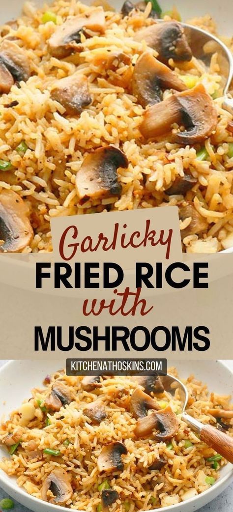 Learn how to make easy mushroom fried rice recipe that is vegetarian, made without eggs. This garlic fried rice is made with white or brown mushrooms, leftover white basmati or Jasmine rice and is a garlic lovers dream. Get the vegetarian fried rice with mushrooms at kitchenathoskins.com.