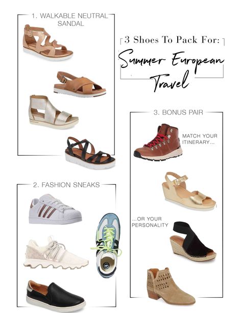 Your packing list for travel to Europe this summer MUST include 2-to-3 pair of walkable, stylish shoes. We're on it! Our style suggestions right here. Italy Shoes Women, Shoes To Wear In Italy In Summer, Shoes To Pack For Europe, Shoes For Greece Vacation, 2023 Summer Shoes Trend, Shoes For Traveling Europe, Pack For Europe Summer, Best Shoes For Europe, Europe Shoes Walking