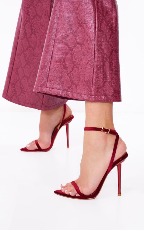 Red Pointed Toe Sandals With Padded Heel, Burgundy Pointed Toe Heels For Party, Burgundy Pointed Toe Heels With Wrapped Heel, Burgundy Suede Pointed Toe Heels, Luxury Burgundy 4-inch Heels, Shoes Sandals Heels, Velvet Material, Pointed Toe Heels, Ankle Bones