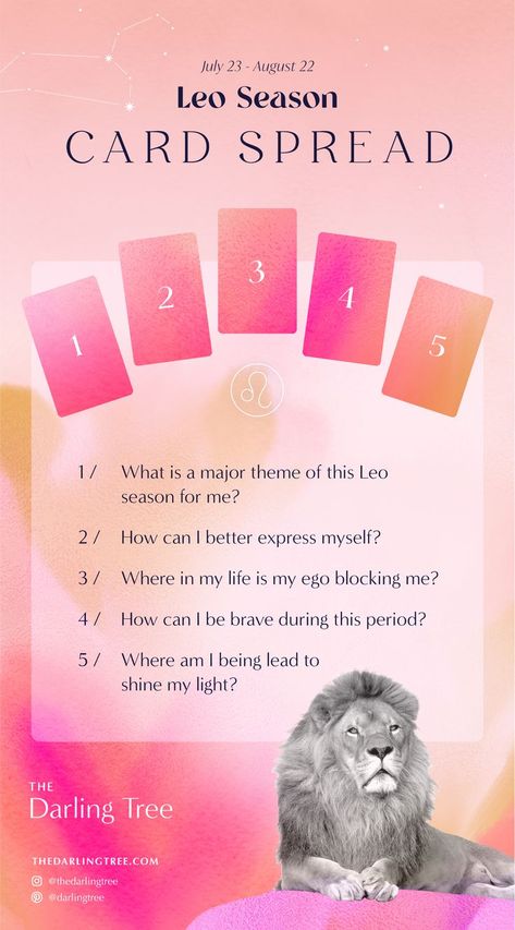 Here’s a powerful and encouraging 5-card oracle card spread you can do during Leo season between July 23 to August 22, for the new moon in Leo, or anytime if your zodiac sign is Leo. Grab your favourite oracle or tarot deck, or mix it up if you like. Shuffle the cards, and ask these questions as you draw each card. #leoseason #leozodiac #leostarsign #leosun #leonewmoon #tarotcardspread #oraclecardspread New Moon In Leo, Leo Energy, Leo Tarot, Oracle Card Spreads, Sturgeon Moon, Tarot Reading Spreads, Spiritual Affirmations, Leo Star Sign, Moon In Leo