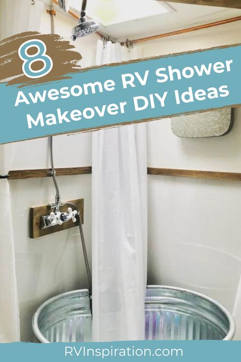 If you are considering a DIY RV shower makeover, here are some ideas to inspire you—from simple additions to full-on renovations. Plus, tips to make sure your renovations are a success! Although some DIY RVers choose to remodel fully, a shower makeover doesn’t have to mean starting completely over. Switching out fixtures, accessories, and other simple updates can make a huge difference. We’ll be sharing options for every level of DIYer! #rvbathroom #rvremodel #rvinspiration Diy Basement Shower Cheap, Diy Rv Shower Ideas, Camper Corner Shower Remodel, Temporary Shower Ideas, Rv Corner Shower Remodel, Adding A Shower To A Half Bath, Trailer Shower Remodel, Rv Shower Remodel Diy, Trailer Remodel Bathroom