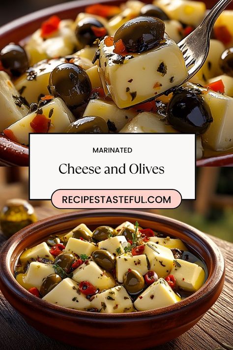 This Marinated Cheese and Olives recipe combines sharp cheddar and creamy Havarti cheeses with vibrant bell peppers and savory olives. Perfect for gatherings, this flavorful appetizer is easy to prepare and sure to impress! Olives And Cheese Appetizer, Marinated Olives And Mozzarella, Olive And Cheese Appetizer, Marinated Cheddar Cheese, Havarti Cheese Recipes Appetizers, Marinated Cheese And Olives In A Jar, Olive Medley Recipe, Marinated Olives And Cheese, Olive Appetizer Ideas