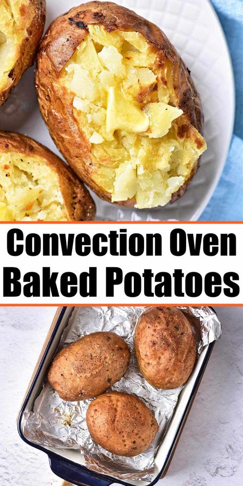 Baking a potato in a convection oven at 400 is the best. You'll get fluffy tender insides with crispy baked potato skins. Cheap side dish. Convection Baked Potato, Ninja Foodie Baked Potato, Recipes For Convection Oven, Baked Potatoes In Convection Oven, Fast Baked Potatoes In The Oven, Jacketed Baked Potato, Convection Oven Potatoes, Convection Oven Baked Potatoes, Best Baked Potatoes In The Oven