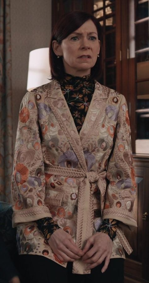 Sophisticated Floral Embroidered Wrap Jacket of Carrie Preston as Elsbeth Tascioni in Elsbeth Elsbeth Tv Show, Carrie Preston, Asymmetrical Coat, Red Button Down Shirt, Long Puffer Jacket, Silk Headscarf, Tv Show Outfits, Long Puffer, Wrap Jacket