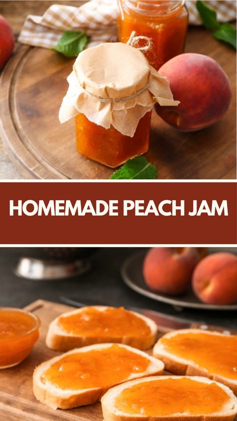 Homemade Peach Jam recipe made of fresh, ripe peaches, sugar, and lemon juice serve 6-8 jars takes about 1 hour to prepare and cook, resulting in a deliciously sweet and fruity spread perfect for toast, desserts, or gifts. What To Make With Peaches, Homemade Peach Jam, Healthy Peach Recipes, Peach Jam Recipe, Peach Recipes, Mind Diet, Peach Jam, Fruity Desserts, Jam Recipe