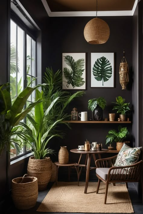 Cozy room with houseplants, wicker decor, and botanical artwork. Coffee Bar With Plants, Tropical Cozy Living Room, Black Tropical Living Room, Bird Of Paradise Plant Living Room, Tropical Coffee Shop Interior Design, Tropical Rattan Living Room, Coffee Nooks, Coffee Table Inspiration, Window Garden