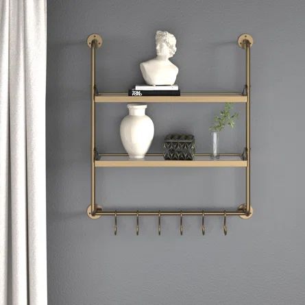 Greyleigh™ Farnham 2 Piece Metal Tiered Shelf | Wayfair Metal Towel Rack Bathroom, Brass Wall Shelf, Brass Bathroom Shelf, Vintage Bathroom Shelves, Gold Shelving, Bathroom Wall Organizer, Rustic Bathroom Accessories, Bistro Shelving, Vintage Shelves