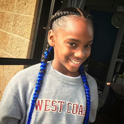 Blue feed in braids Blue Feed In Braids, How To Do Cornrows, French Braid With Weave, Two Cornrow Braids, Braids Blue, 2 Feed In Braids, Small Cornrows, Side Cornrows, Large Box Braids