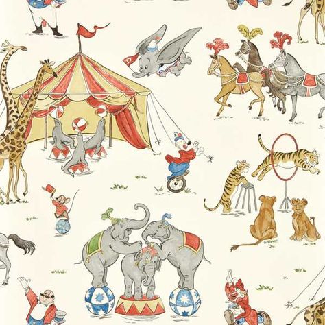 Disney Home x Sanderson Dumbo Themed Nursery, Vintage Carnival Nursery, Circus Nursery Theme Vintage, Circus Themed Nursery, Disney Nursery Themes, Circus Room Decor, Dumbo Wallpaper, Vintage Circus Nursery, Circus Decor