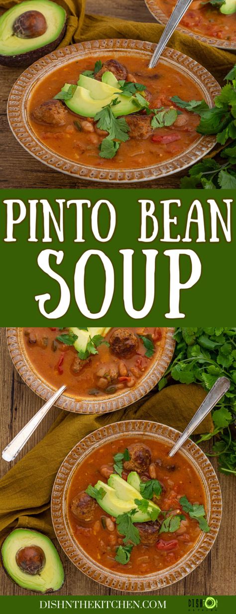 Spice it up with this fiery Mexican inspired Pinto Bean Soup made from scratch in the Instant Pot. This sensational soup recipe features creamy pinto beans, Mexican chorizo sausage, tomatoes, and a range of piquant peppers from Poblano to Chipotle. Pinto Bean Soup Instant Pot, Beans Mexican, Pinto Bean Soup, Mexican Chorizo, Pinto Bean, Chorizo Sausage, Delicious Soup Recipes, Stuffed Poblano Peppers, Pinto Beans