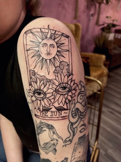 #tattoo #tattooideas #leo #leotattoo #sunflower #thesun #tarot #tarotcardtattoo #sleeve #tattoosleeve #ink #suntattoos Leo Tarot Card Tattoo, The Sun Tarot Card Tattoo, Sun Tarot Card Tattoo, Leo Tarot Card, Leo Tarot, Sun Tarot Card, The Sun Tarot Card, Tarot Card Tattoo, The Sun Tarot