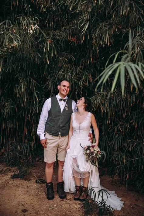 Groom Outfit Shorts Hiking Boots Bow Tie Waistcoat Bride Bridal Shoes Mountain Wedding Spain Lorena Erre #hikingboots #weddingshoes #wedding Wedding Shoes For Hiking, Bride Hiking Boots, Bridal Hiking Boots, Hiking Wedding Shoe, Hiking Wedding Shoes, Wedding Hike, Wedding In Spain, Outfit Shorts, Rembo Styling