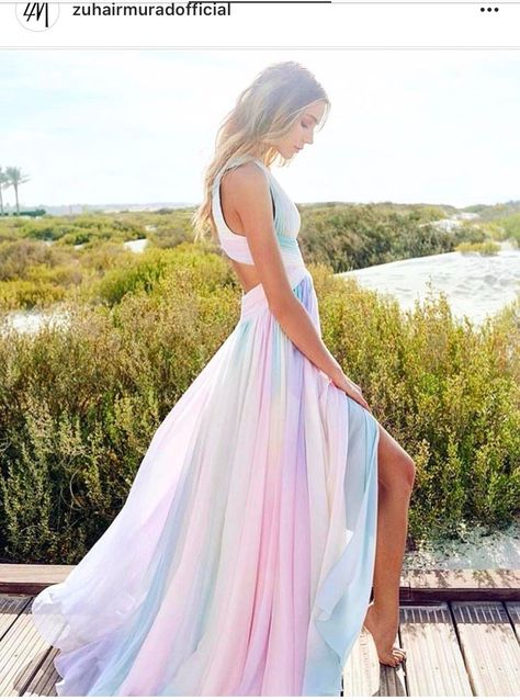 Zuhair Murad rainbow pastel maxi dress 2017 Rainbow Prom Dress, Pastel Clothes, Pastel Maxi Dresses, Rainbow Wedding Dress, Pastel Bridesmaids, Bridesmaid Dress Shoes, Pastel Outfits, Pretty Bridesmaid Dresses, Pastel Bridesmaid Dresses