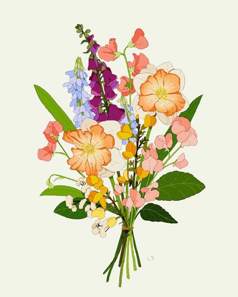 Libby Frame, Bouquet Drawing, Wildflowers Bouquet, Flower Bouquet Drawing, Flower Bouquet Painting, Frame Illustration, Cottagecore Art, Cowgirl Art, Wildflower Bouquet