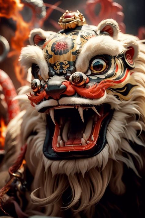 Chinese Lion Art, Chinese Dragon Costume, Chinese Dragon Dance, Foo Dog Tattoo, Lion Dragon, Chinese Lion Dance, Chinese Lion, Chinese Folk Art, Dragon Face