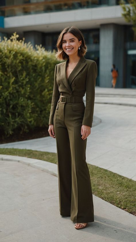 Discover stylish trousers outfit ideas for women for every occasion - from formal and casual to office and special events Explore a variety of styles including classic black trendy terracotta classy pink suit elegant olive green versatile grey polo and chic green shirt Elevate your wardrobe with these fashionable and versatile trousers outfits Event Suit Women, Terracotta Suit Women, Classy Slacks Outfit Women, Olive Suit Women Outfit, Classic Trousers Women Outfit, Olive Trouser Outfit Women, Brown Suit Outfits For Women, Sage Green Trousers Outfit, Elegant Suits For Women Classy